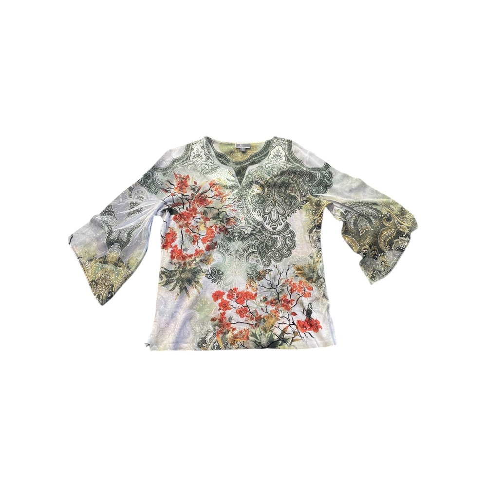 JM Collection Women's Large Paisley Floral Bell Sleeve V-Neck Top‎